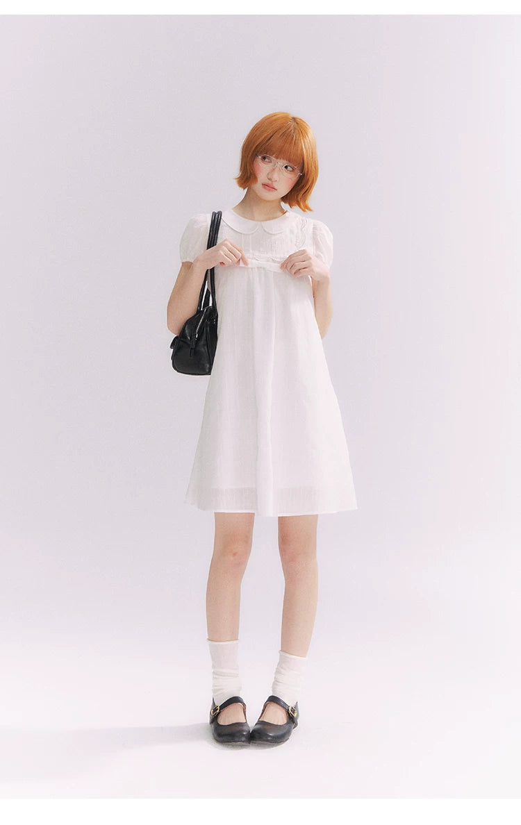 “Lace Sleep Song” White Embroidered Puff Sleeve Babydoll Dress