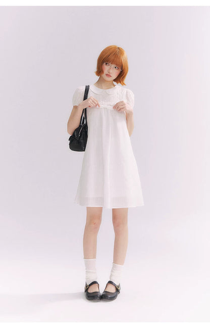 “Lace Sleep Song” White Embroidered Puff Sleeve Babydoll Dress