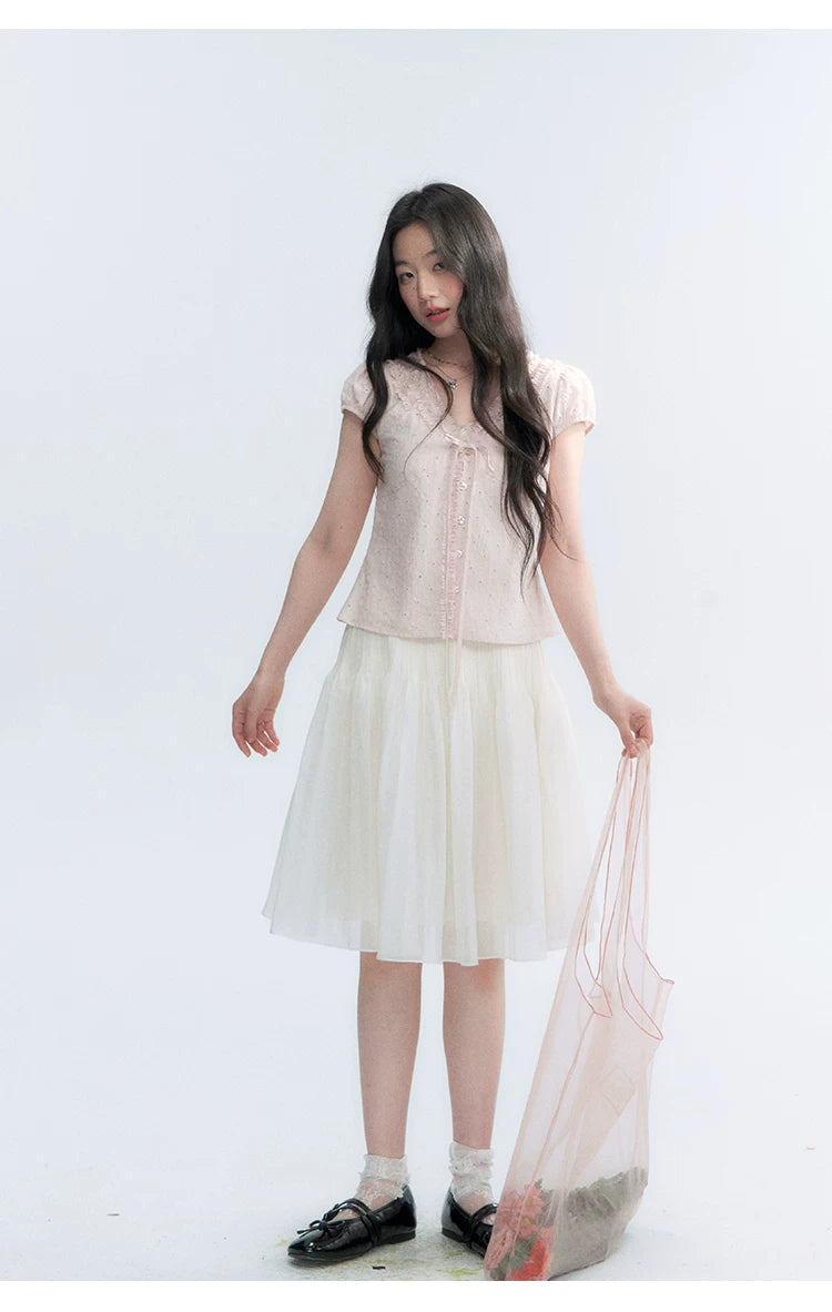 "Blush Sweetheart" Embroidered Puff Sleeve Blouse