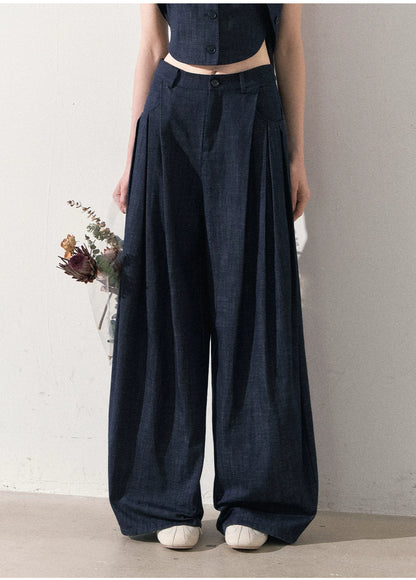 "Season of Ease" Vintage Navy Faux Denim Vest & Wide-Leg Pants Set
