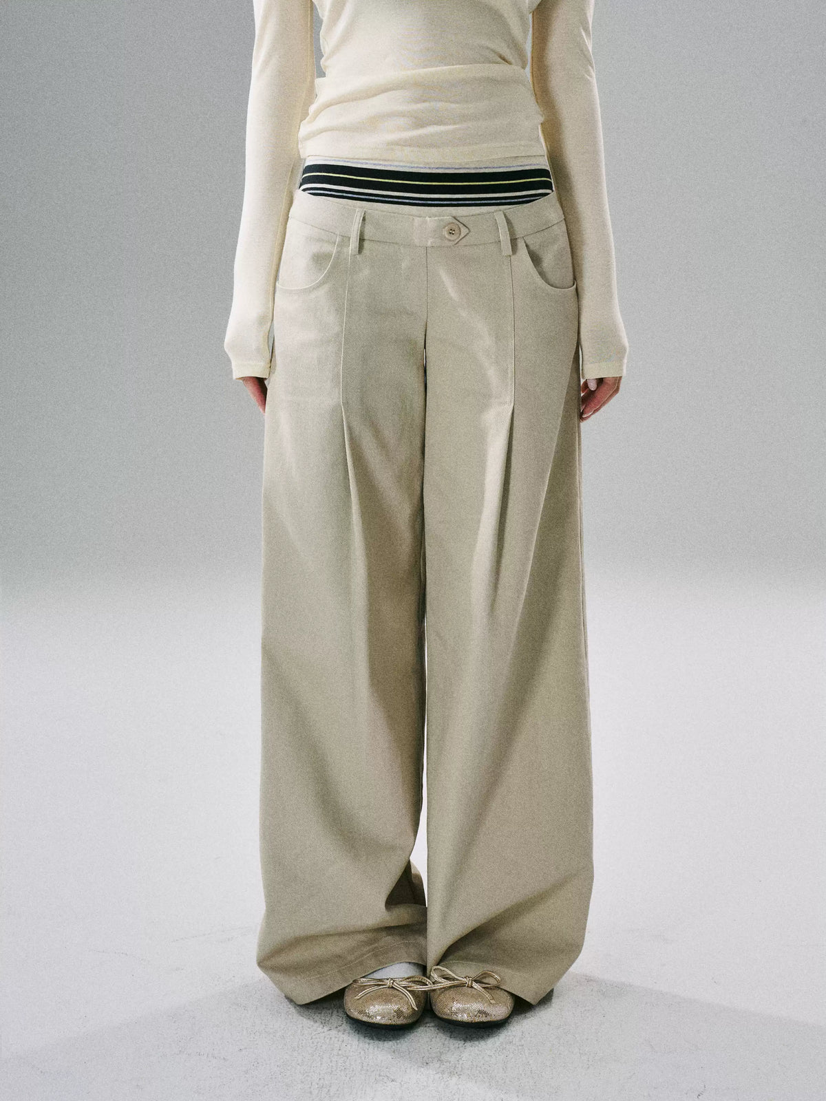 LOST FOREST - Khaki & Black Striped Wide-Leg Floor-Length Pants