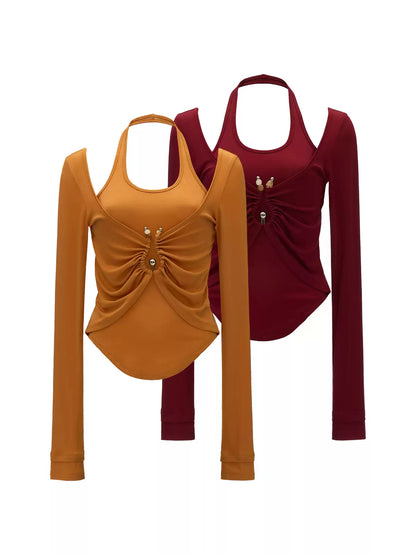 MAMC - Tencel Halter Ruched Layered Top (Red / Orange)