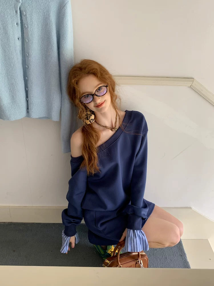 Navy One-Shoulder Sweatshirt & Skirt Set