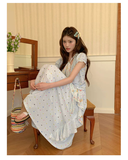 “Sea Salt Blossom Letter” Baby Blue Layered Skirt Set