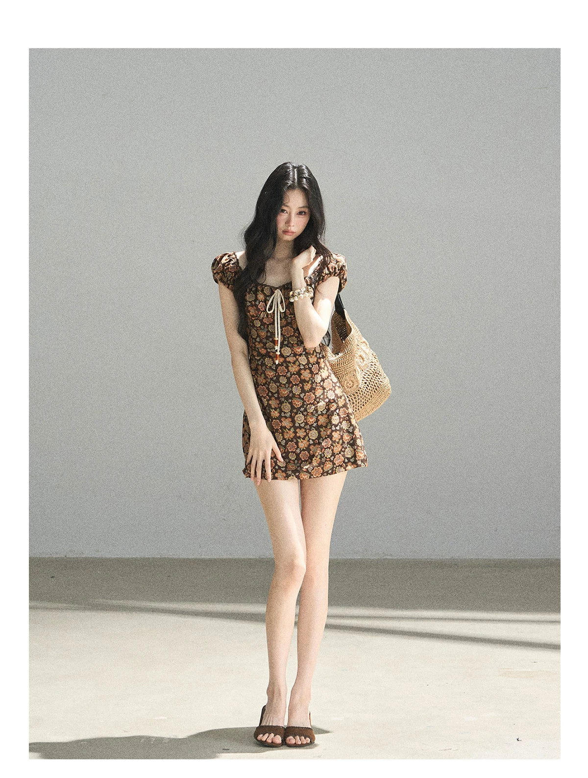 "Wildflowers & Freedom" Mocha Mousse Floral Puff Sleeve Mini Dress