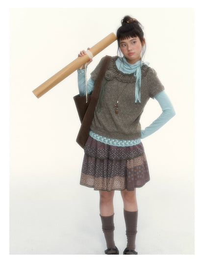 “Hazelnut Mousse” Tea Brown Vintage 3D Floral Ruffle Knit Top