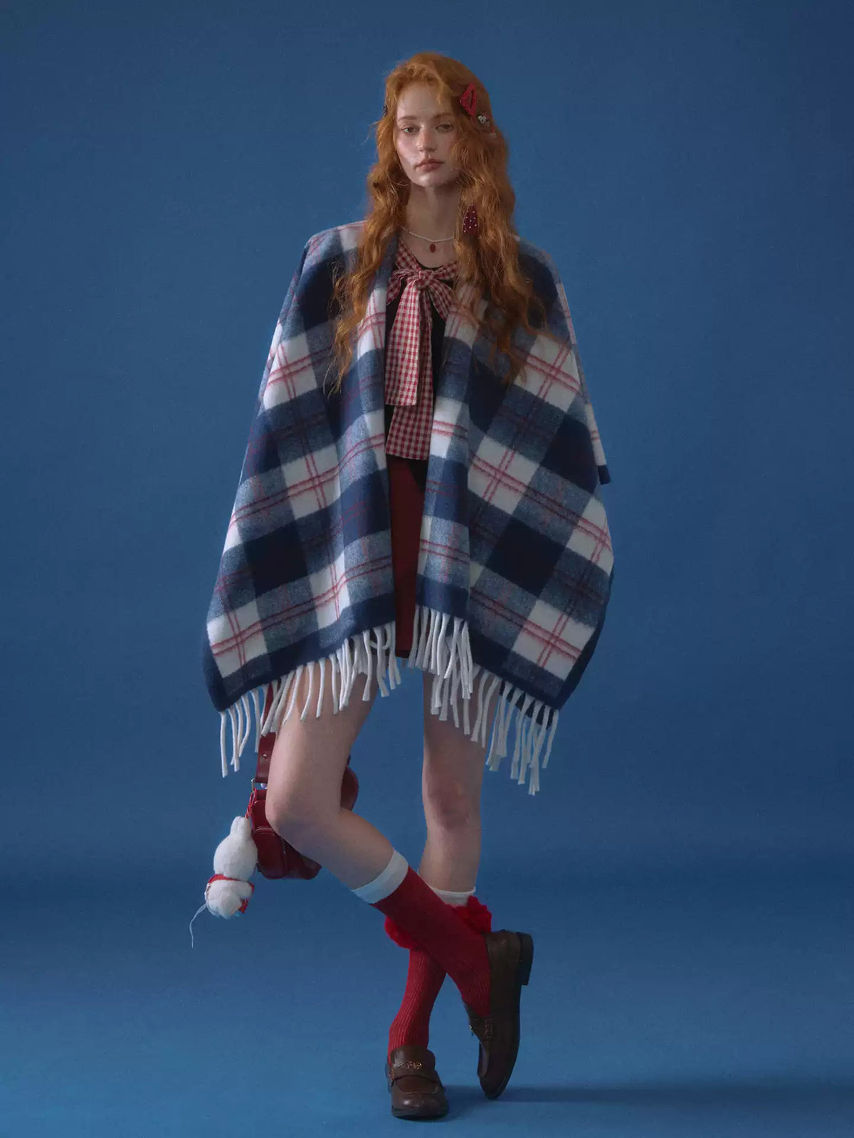 ASGONY - Navy Plaid Fringe Wrap Scarf