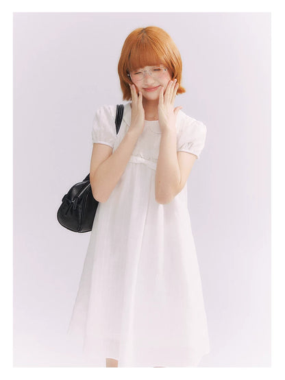 “Lace Sleep Song” White Embroidered Puff Sleeve Babydoll Dress