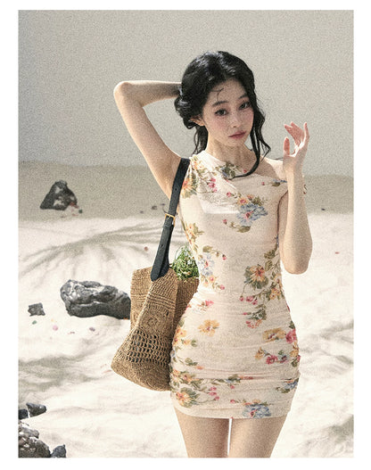 "Waiting for Blossoms" Dutch Cream Floral Ruched Mini Dress 43236