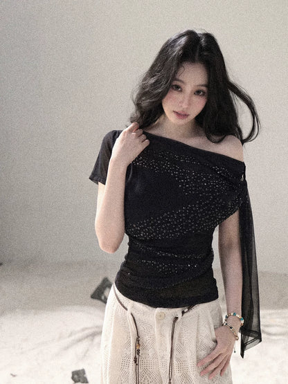 “Frosted Kiss” Quiet Black Crystal Mesh Short Sleeve Top