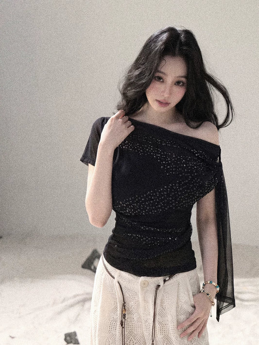 “Frosted Kiss” Quiet Black Crystal Mesh Short Sleeve Top