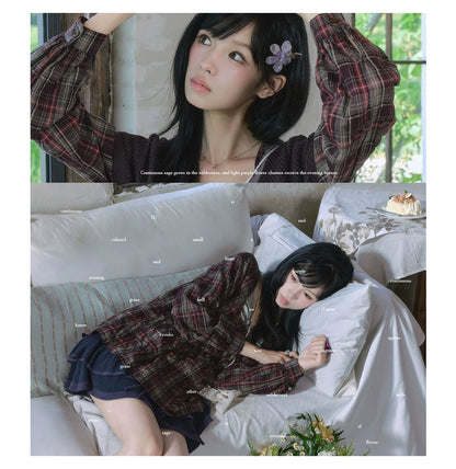 "Sage Whisper" Layered Vintage Collection (Plaid Shirt / Lace Cami / High-Waist Skirt)