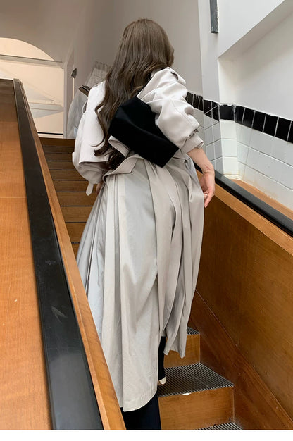 LaluneDuCiel - Beige Gray Double-Breasted Long Trench Coat