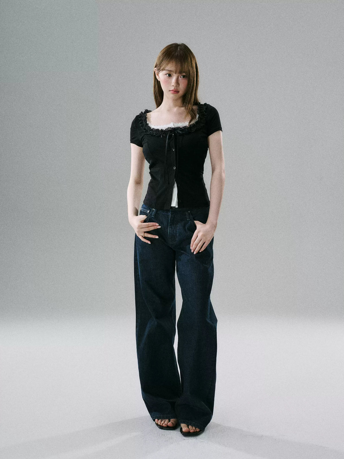 LOST FOREST - Faux-Layered Lace Short-Sleeve Top (Gray White / Black White)
