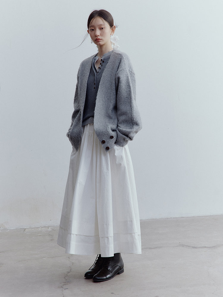 FUSSED Lazy Furry Mist Gray Wool & Mohair V-Neck Cardigan FOF-25SS177