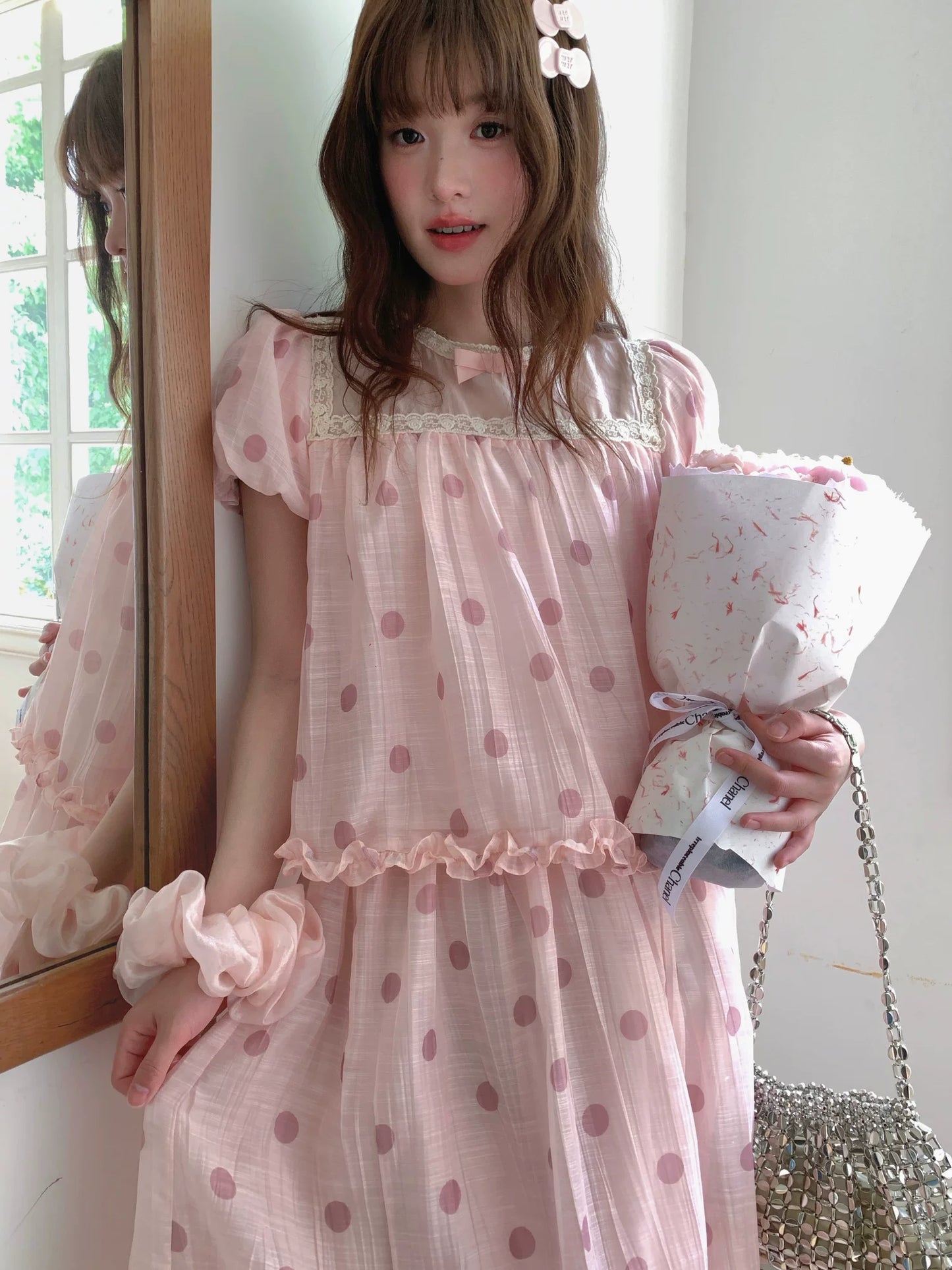[RF] “Peach Polka Daydream” Pink Polka Dot Two-Piece Skirt Set