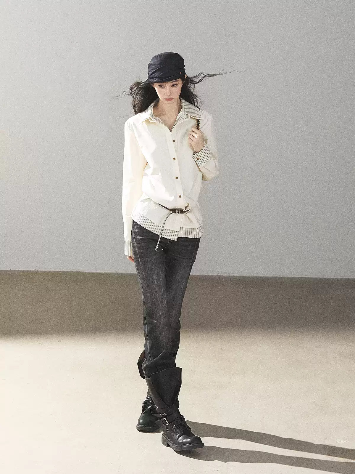 AOMALM - Cream White Stripe Belted Shirt Top