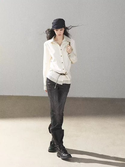 AOMALM - Cream White Stripe Belted Shirt Top