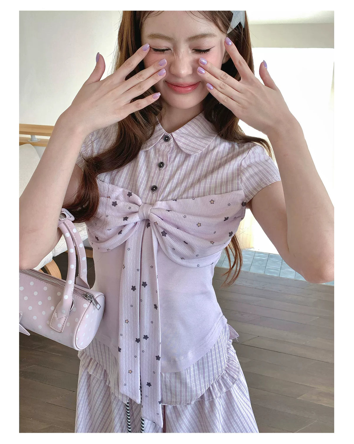 [RF] “Milk Taro Fizz” Soft Purple Striped Blouse & Bloom Skirt Set (Light Blue / Lavender)