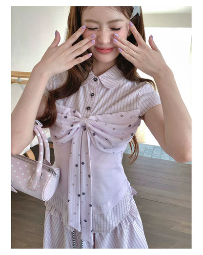 [RF] “Milk Taro Fizz” Soft Purple Striped Blouse & Bloom Skirt Set (Light Blue / Lavender)