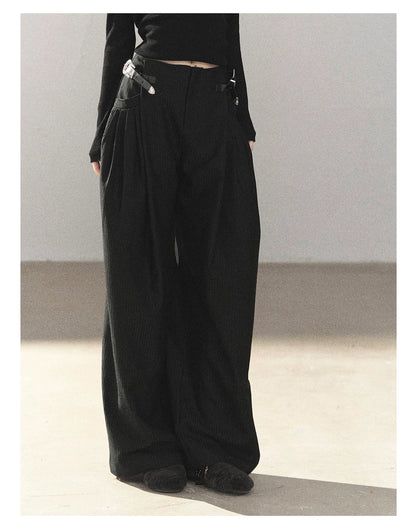 AOMALM - "Midnight Glow" Black Striped Satin Wide-Leg Pants