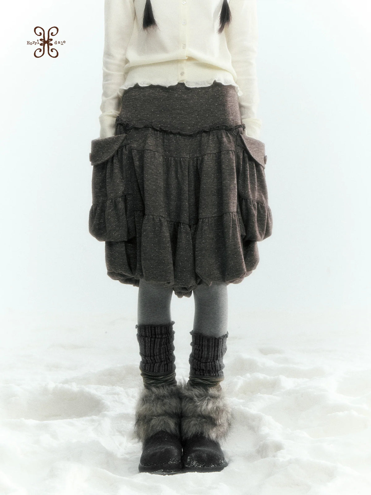Horridale - Gray Brown Green Polka Dot Low-Rise Knit Bubble Skort