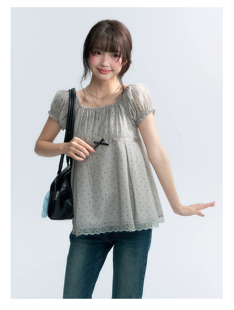 "Polka Dot Constellation" Gray Polka Dot Square Neck Puff Sleeve Top