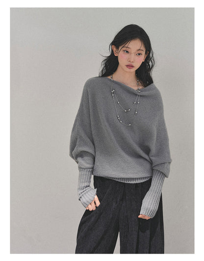 少也眼 “Soft Minimalism” Off-Shoulder Versatile Knit Top - Light Grey 6416515