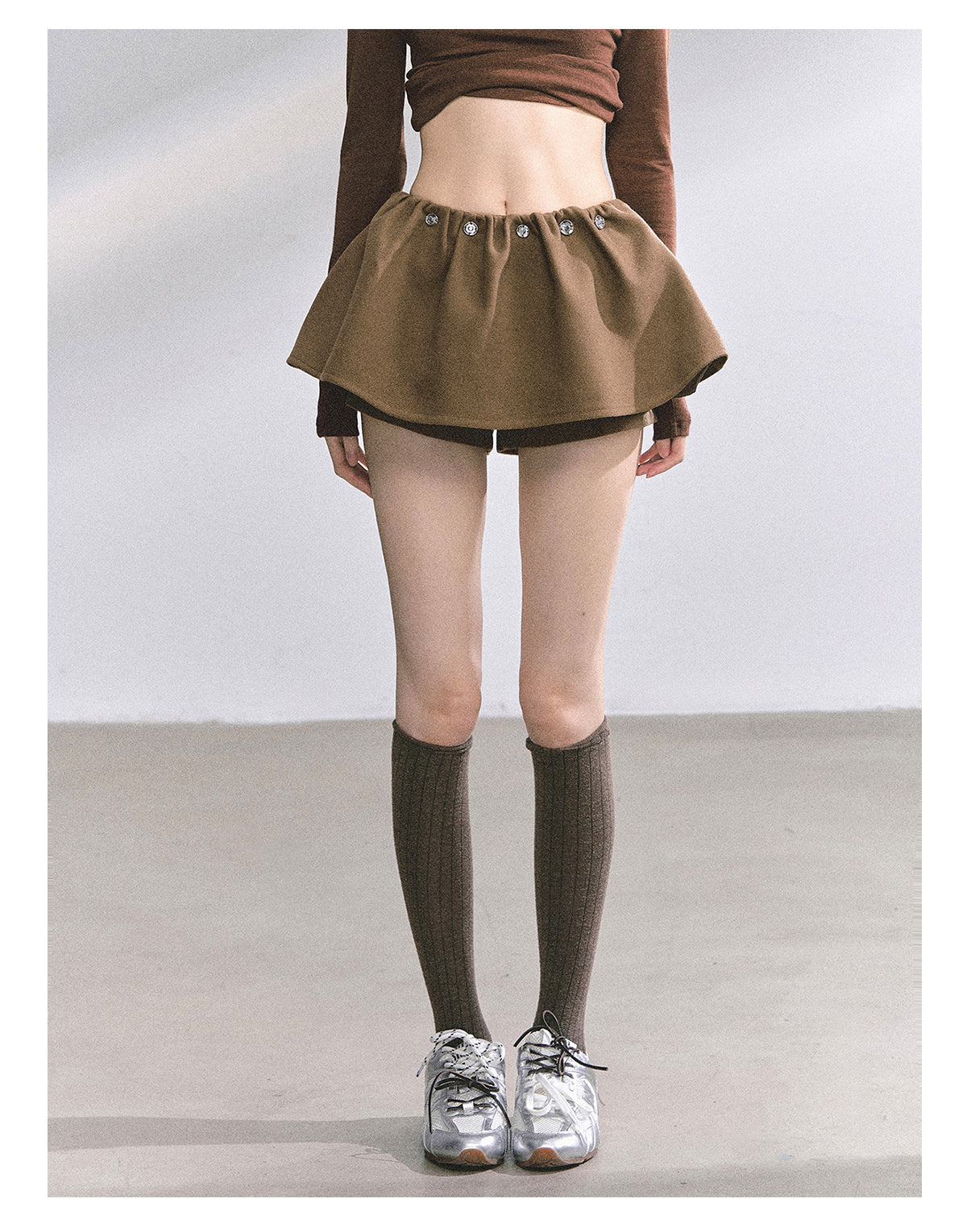 少也眼 "Wild Model-Leg Aura" Woolen Flared Mini Skirt - Coffee 1483645