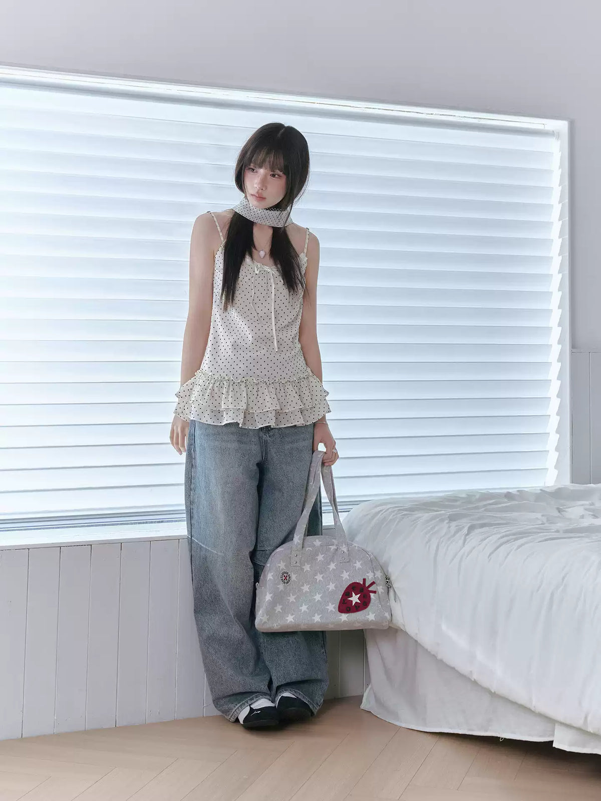 "Forest Vintage" Polka Dot Layered Collection (Mint Knit Cardigan / Oat Cami / Polka Dot Skirt / Denim Jeans)