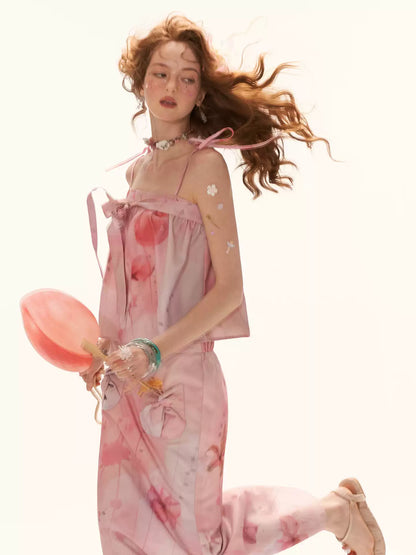 "Peach Bloom Mood" Bow Cami & Midi Skirt Set WE906