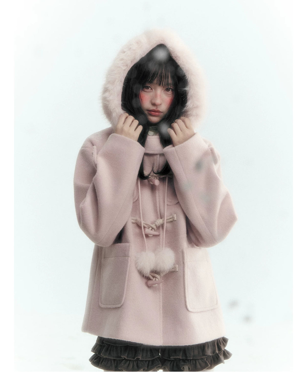 Horridale - Preppy Hooded Wool-Blend Duffle Coat with Pom-Pom Details – Mist Pink
