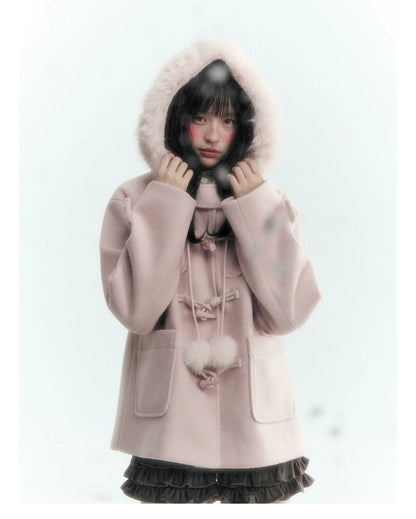 Horridale - Preppy Hooded Wool-Blend Duffle Coat with Pom-Pom Details – Mist Pink