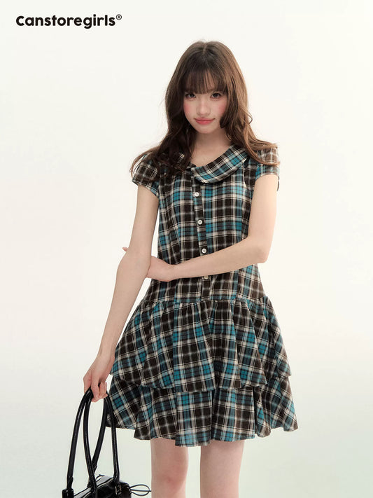 "Pine Chestnut Mint" Asymmetric Collar Plaid Dress LL2026034