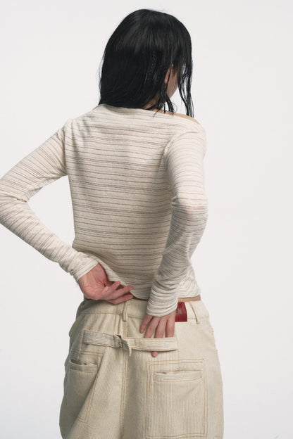 Muirgen - Ivory Silver-Thread Asymmetrical Off-Shoulder Fitted Top