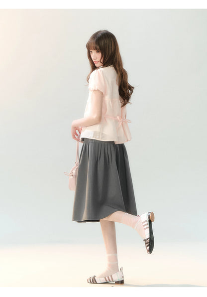 "Pink Mist Notes" Blush Pink Lace Puff Sleeve Blouse  LL2026217