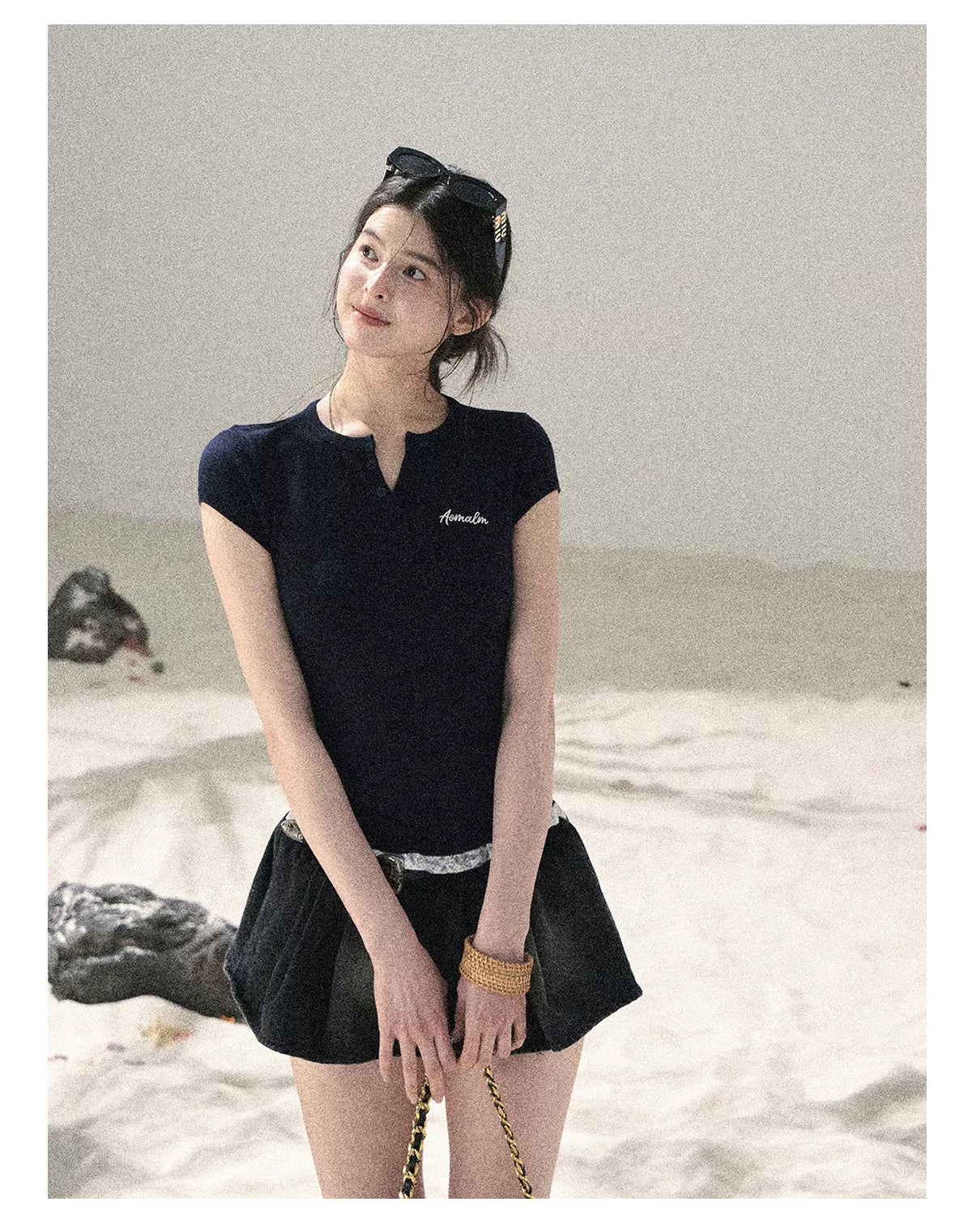 "Letter from the Tides" Navy Blue Faux Two-Piece Lace Waist-Fit Crop Top 452436