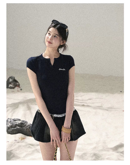 "Letter from the Tides" Navy Blue Faux Two-Piece Lace Waist-Fit Crop Top 452436