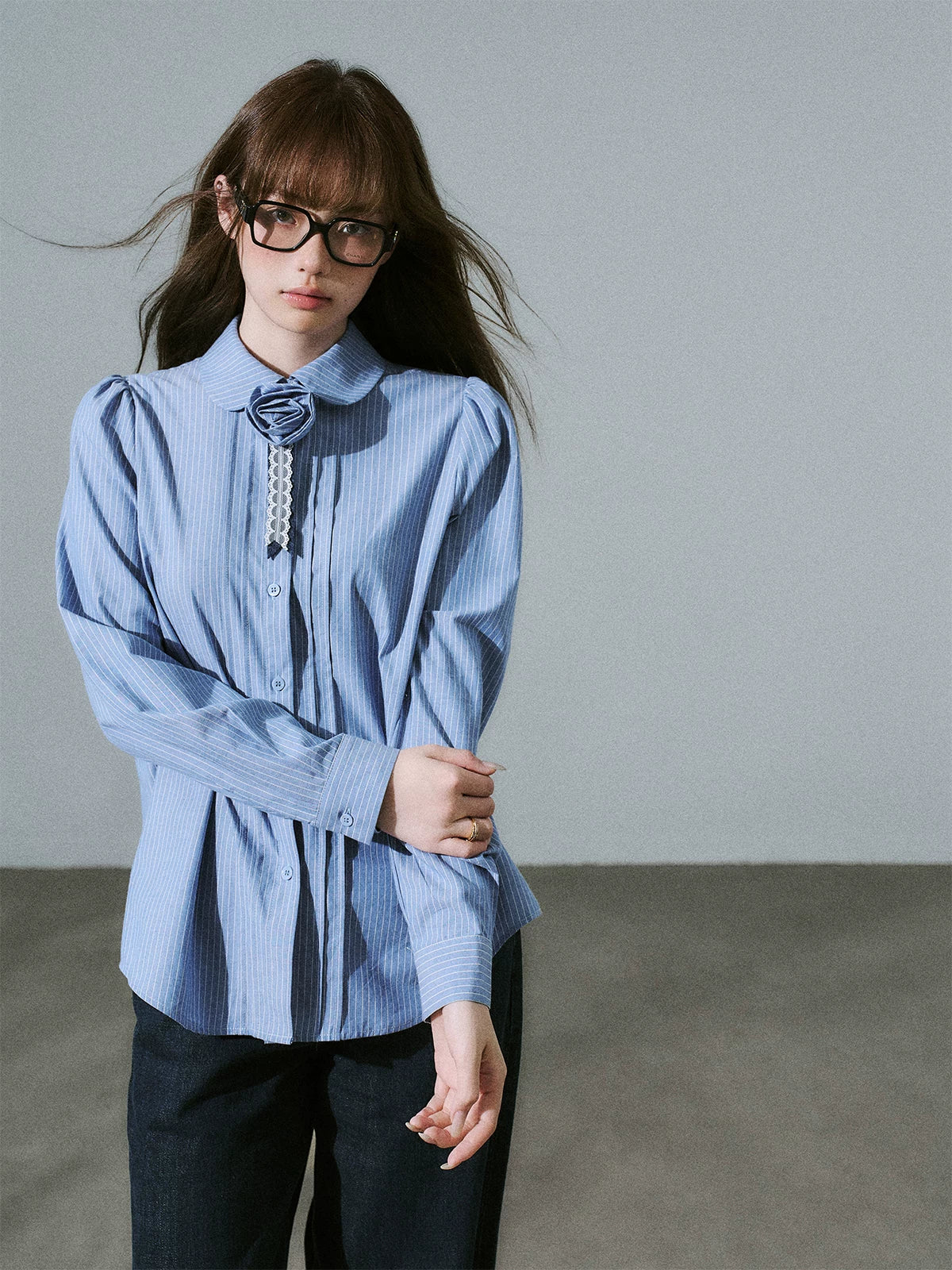 LOST FOREST - Flower Brooch Linen-Blend Shirt (Blue Stripe / Pink Stripe / Polka Dot)