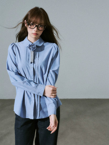LOST FOREST - Flower Brooch Linen-Blend Shirt (Blue Stripe / Pink Stripe / Polka Dot)