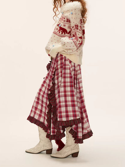 Asymmetrical Plaid Maxi Skirt with Ruffle Hem WE814 (Red)