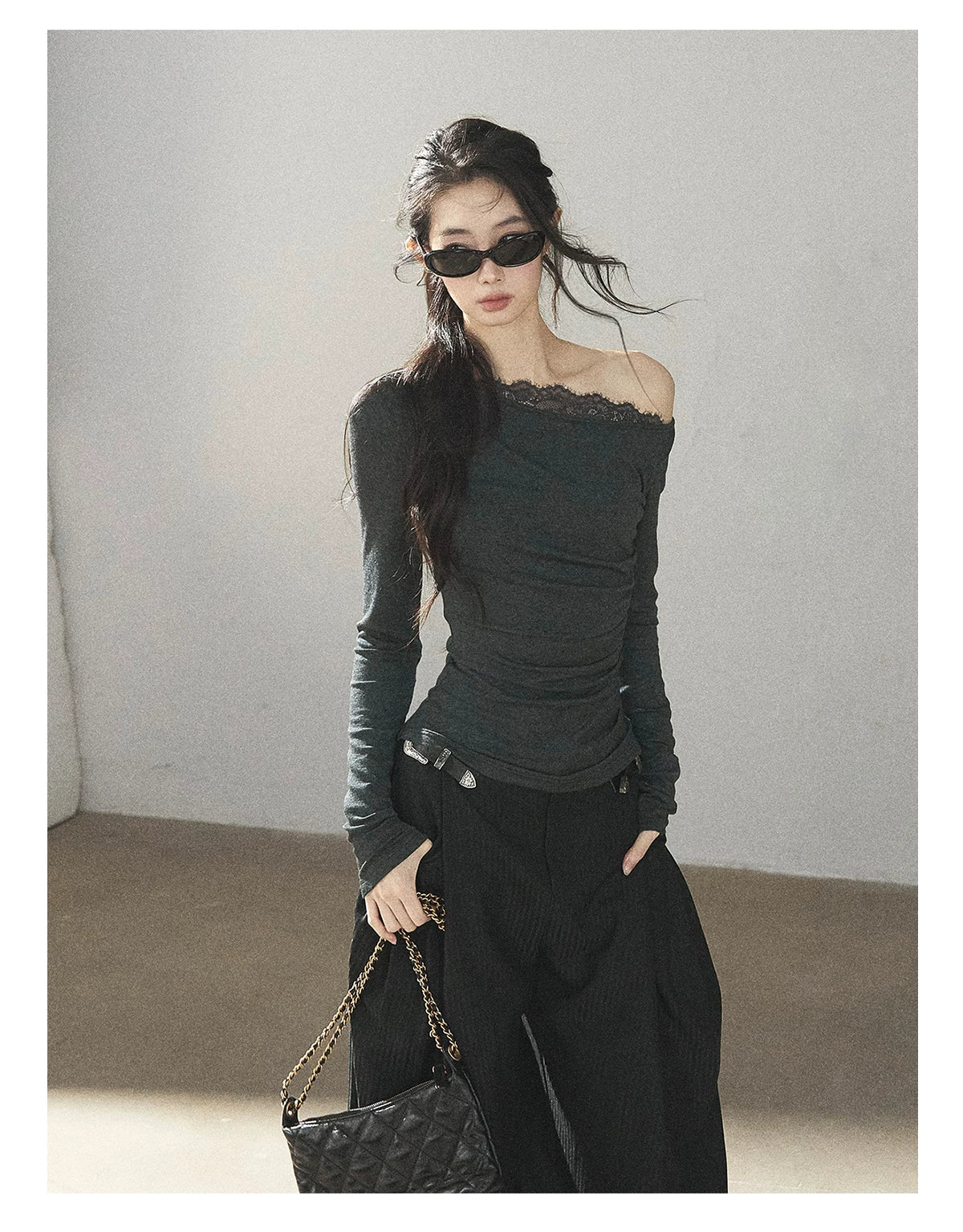 AOMALM - Dark Rock Gray Faux Two-Piece Asymmetrical Lace Long-Sleeve Top