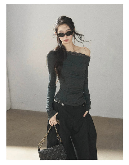 AOMALM - Dark Rock Gray Faux Two-Piece Asymmetrical Lace Long-Sleeve Top