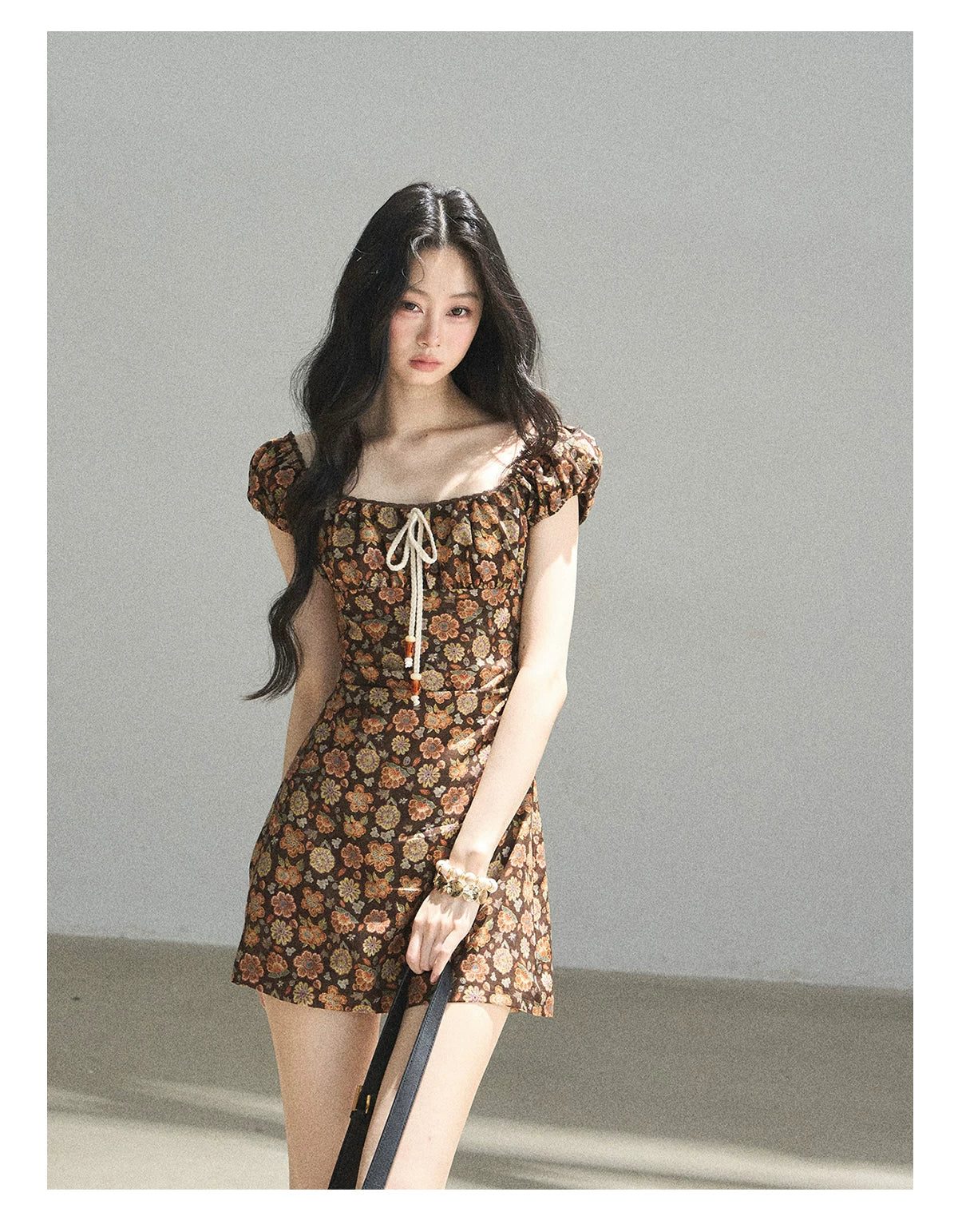 "Wildflowers & Freedom" Mocha Mousse Floral Puff Sleeve Mini Dress