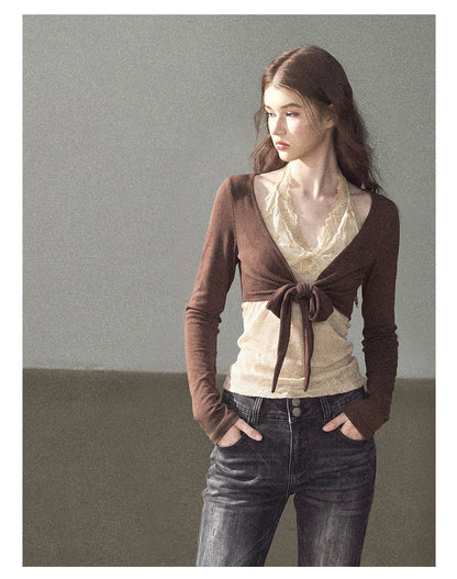 AOMALM - "Tender in This Moment" Rich Cocoa Faux Two-Piece Lace Top