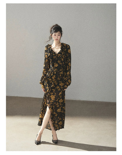 AOMALM - Black & Golden Brown Floral Ruffle Maxi Dress with High Side Slit