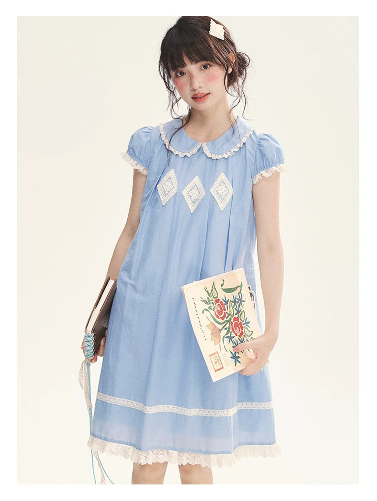 "Sweet Tea Doll" Haze Blue Lace Puff Sleeve Peter Pan Collar A-Line Dress