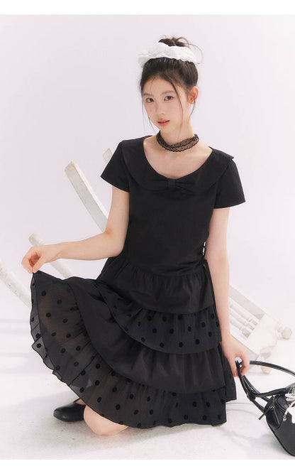 “Midnight Sweetheart” Black Korean-Style Bow Polka Dot Tiered Dress