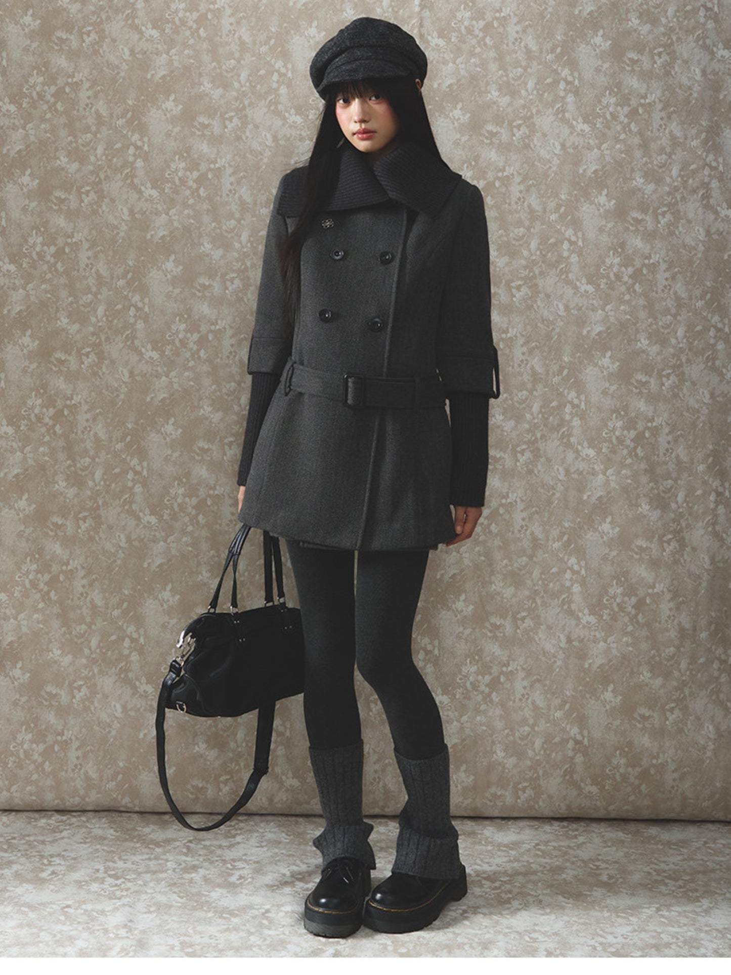 Soote Season - British Deep Gray Knit-Collar Wool-Blend Long Dress