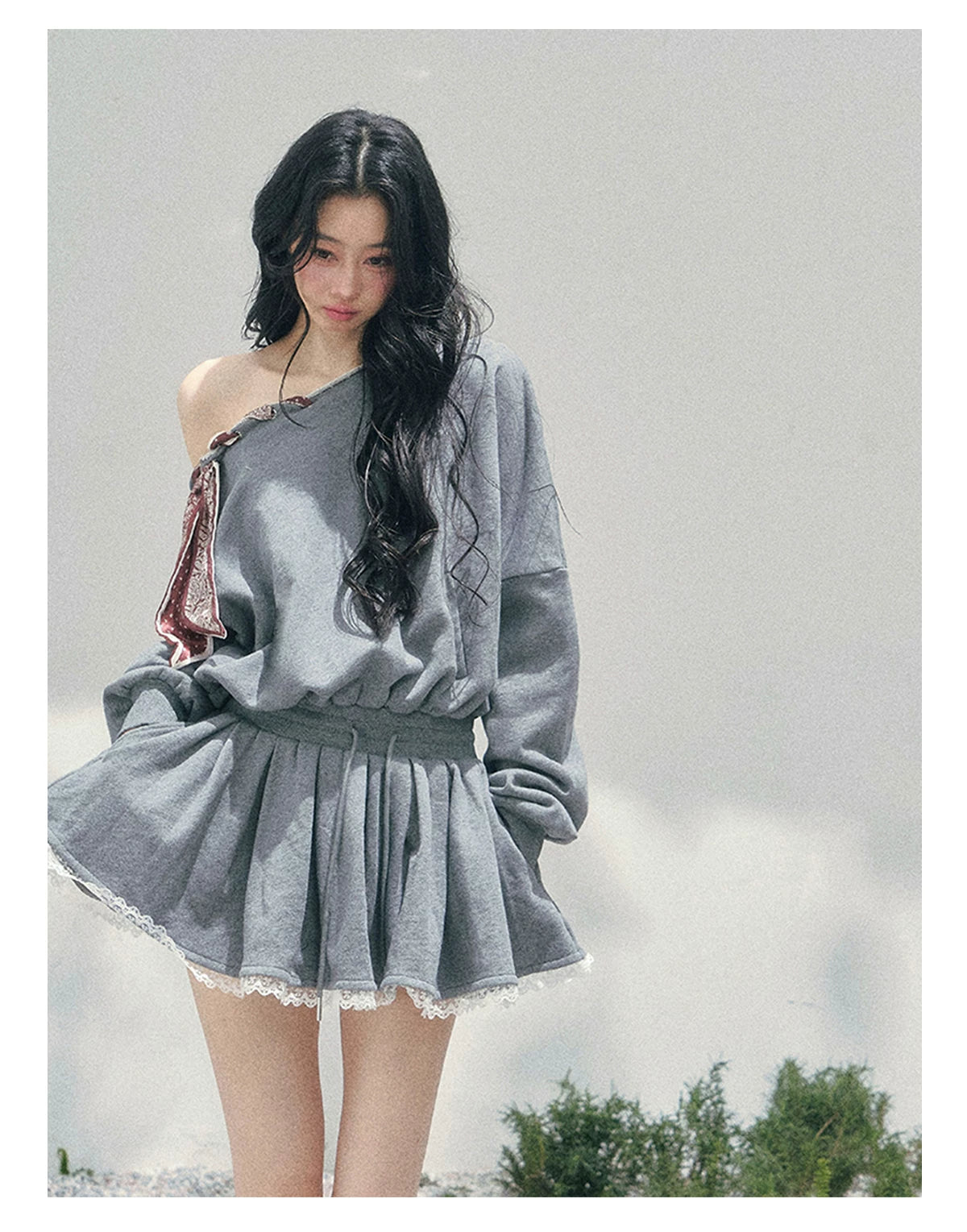“The Wind Blushes” Lace Trim Off-Shoulder Sweatshirt Dress